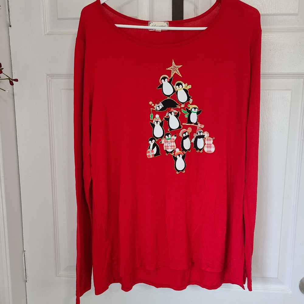 (1050) Cloth and Portrait Christmas Tree Penguin Shirt , Size: L Color: Red